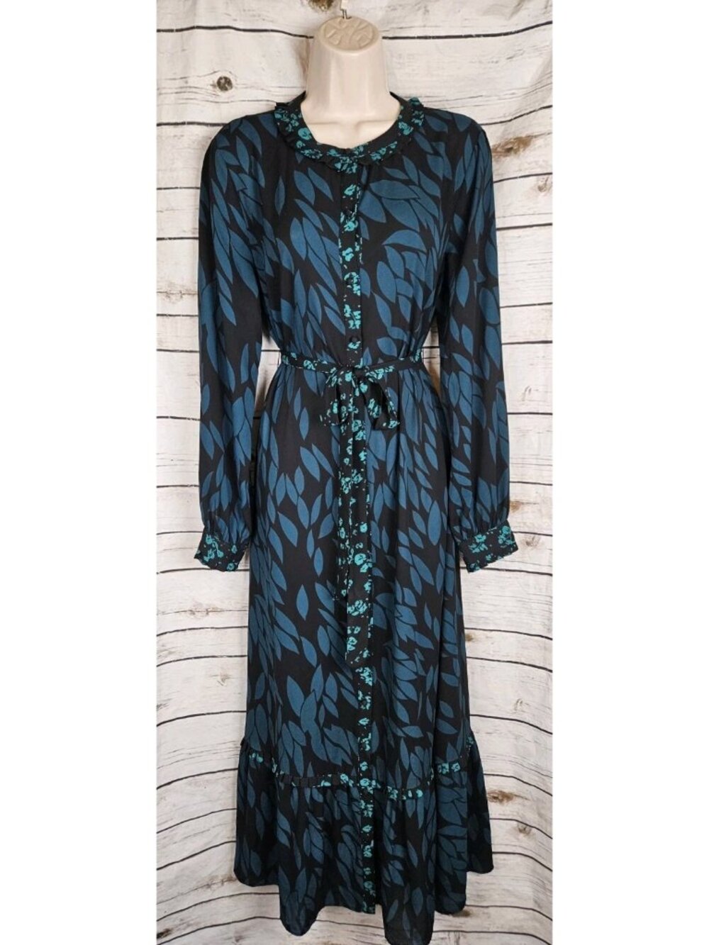 CAbi Black Green Autumn Floral Maxi Shirt Dress M Ruffle #4017 Button Front Belt